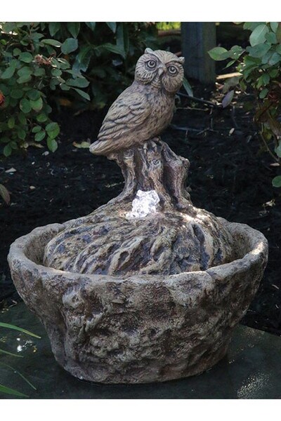 Owl Fountainette Sculpture Pump Lighted Sculptural Decorative Stone